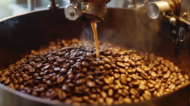 An artistic portrayal of the rich aroma and inviting warmth of freshly brewed coffee being poured over roasted beans, evoking a sense of comfort and deliciousness