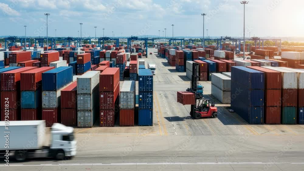 Poster elevated perspective of a busy freight terminal with containers organized and vehicles moving rapidl