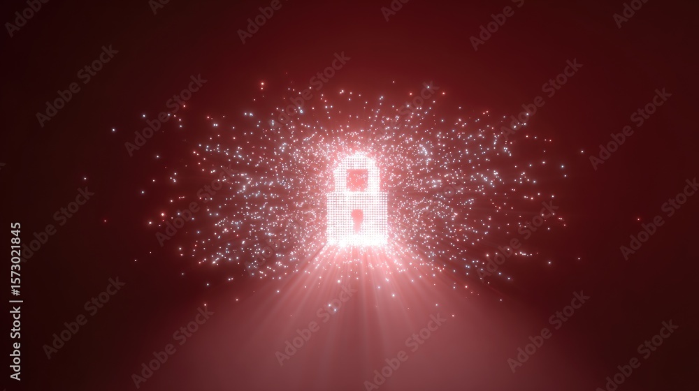 Aufkleber digital lock icon surrounded by sparkling particles in red background