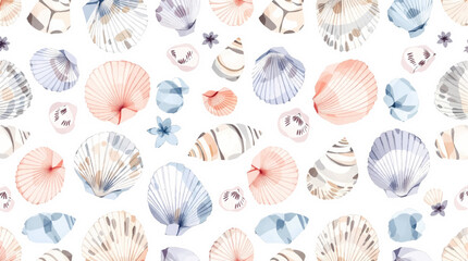 Shells watercolor, Watercolor background pattern different shells on white background