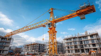 Towering yellow crane oversees construction of modern apartment buildings under a blue sky