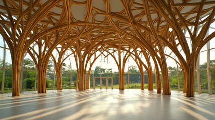 Sunlight streams through a large, open space with a stunning wooden lattice ceiling and expansive glass walls overlooking a green landscape