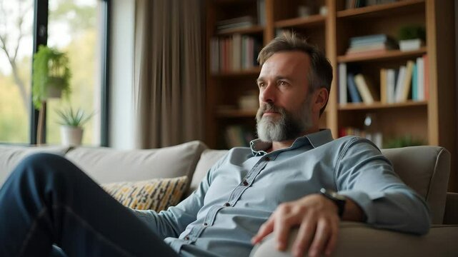 Relaxed 50 year old bearded man sitting on couch at home wearing casual shirt radiating warmth comfort and positivity in modern interior. concept as Middle aged individual gazes calmly at camera enjoy