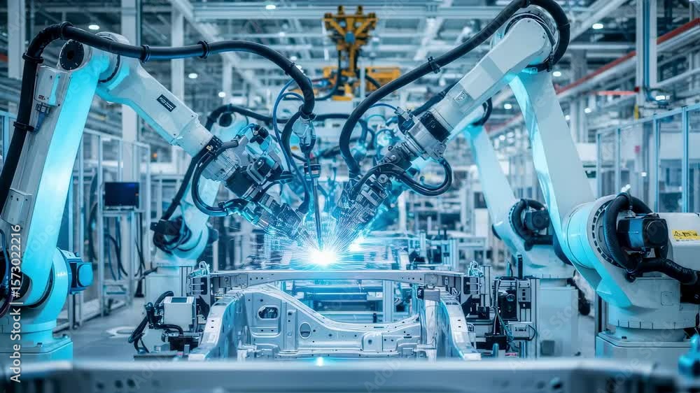 Poster team of robotic arms performing spot welding operations on a car chassis in a modern automated facto