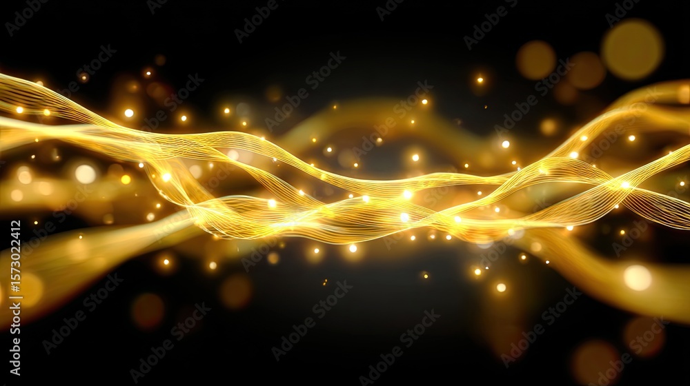Poster golden light waves with bokeh effect on a dark background