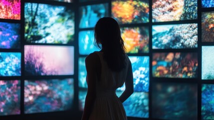 A woman gazes at a wall of vibrant digital displays showcasing diverse images