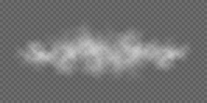 Realistic white soft fog or light smoke effect on a transparent background. Misty atmosphere element for overlaying on images, dramatic scenes or cinematic visual effects. Vector illustration.