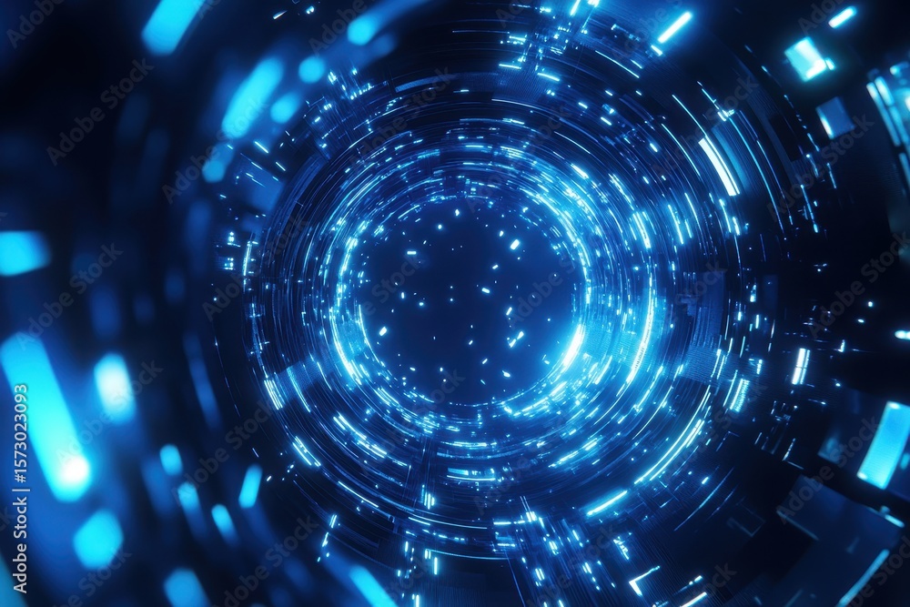 Poster Rotating blue glowing gradient lines and shapes create a dynamic digital vortex, Blue glowing gradient lines and shapes rotate and slowly fill the view