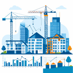 Obraz premium Cityscape Illustration with Cranes and Modern Buildings in Blue and Orange Tones Urban Development Infrastructure Skyline and Financial Growth