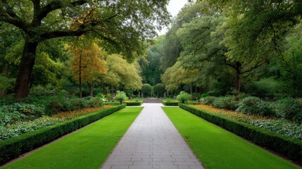 Obraz premium Serene Pathway Through Lush Green Garden with Colorful Foliage