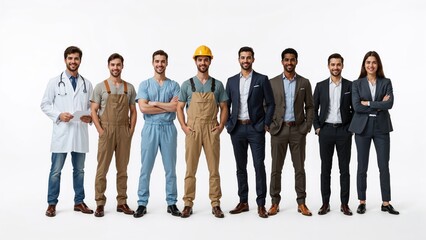 Obraz premium Diverse team of professionals from various industries standing confidently on isolated white background