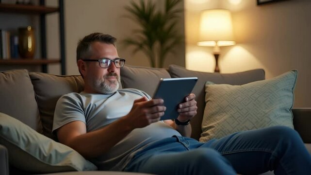 Happy Middle Aged Man Relaxing on Couch with Digital Tablet - Vector Illustration of Mature Male Using Technology at Home