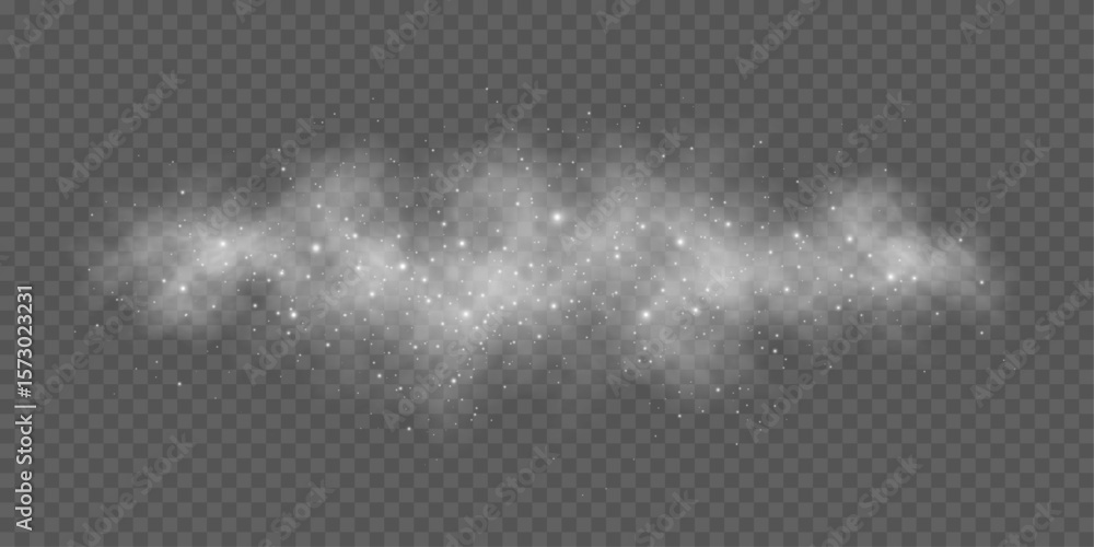 Poster realistic white soft fog or smoke effect with glowing dust on a transparent background. misty atmosp