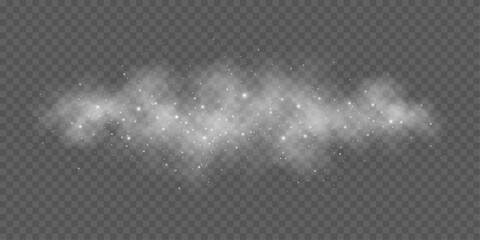 Realistic white soft fog or smoke effect with glowing dust on a transparent background. Misty atmosphere element for overlaying on images, dramatic scenes or weather visual effects. Vector.