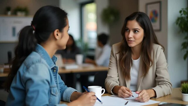 Flat Happy Indian HR Manager Interviews Latin Young Professional: Discussing Job CV, Mentorship, and Multiethnic Collaboration in Creative Workspaces