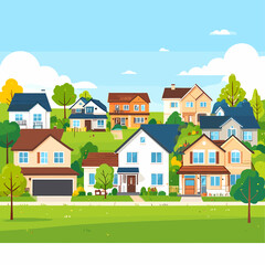 Colorful Pixel Art Illustration of a Suburban Neighborhood Featuring Various Houses on a Green Landscape Under a Bright Sky