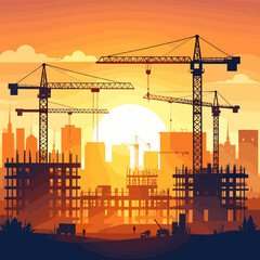 Construction Site Silhouette at Sunset with Cranes in Orange Cityscape