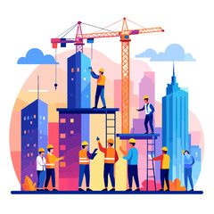 Construction Team Working on Skyscraper Project with Crane in Urban Cityscape Illustration