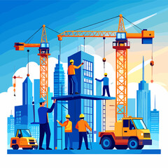 Construction Site with Cranes and Workers Building Skyscrapers in a City Under a Blue Sky During Daytime with a Truck Nearby