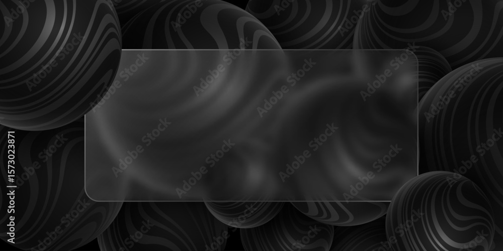 Poster glass morphism concept featuring empty semi transparent frosted glass surrounded by glossy 3d sphere