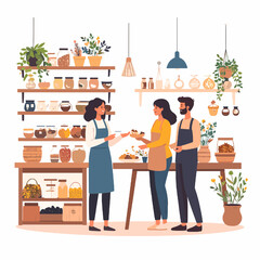 Customers and Shopkeeper at Local Zero Waste Store with Shelves Filled with Merchandise and Plants in Bright and Clean Interior Environment