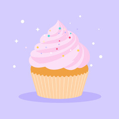 Delicious Pink Frosted Cupcake with Sprinkles on Light Violet Background Cute Pixel Art Style