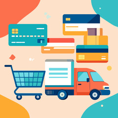 Delivery Truck with Shopping Cart and Credit Cards for E-commerce Business and Online Shopping Concept with Abstract Background