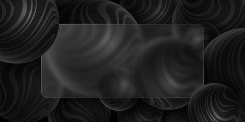 Glass morphism concept featuring empty semi transparent frosted glass surrounded by glossy 3D spheres textured with striped wavy pattern. Abstract background for UI design. Vector illustration.