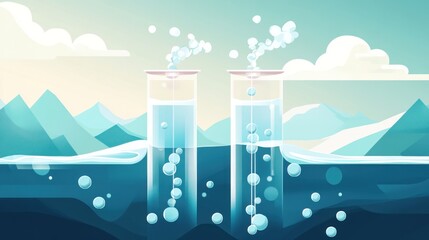Bubbles in Test Tubes Submerged in Water with Mountain Background