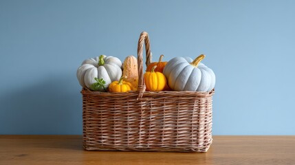 Stylish Basket with Colorful Pumpkins and Gourds on Table