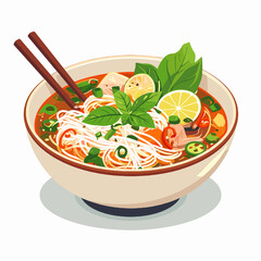 Detailed Pixel Art Illustration of Traditional Pho Noodle Soup in a Bowl with Chopsticks Lemon and Fresh Herbs