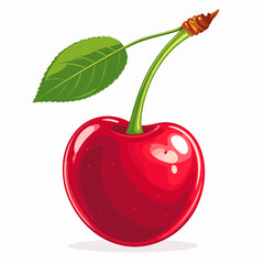 A Single Red Cherry with Green Leaf Pixel Art Style on White Background Represents a Fresh and Healthy Ingredient