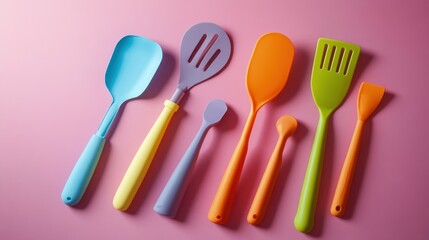 Colorful Kitchen Utensils on Pink Background
