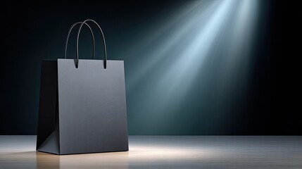 Elegant Black Shopping Bag Under Spotlight on Wooden Surface