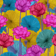 Colorful Seamless Pattern of Thai Lotus Swirls in Pop Art Style Ideal for Vibrant Textile and Home Decor Designs