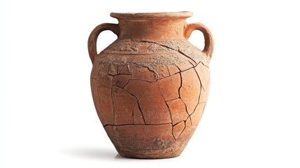 Ancient Cracked Clay Jar on White Background