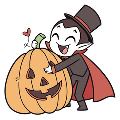 Obraz premium Cute cartoon vampire character with a top hat and cape hugging a happy jack o lantern pumpkin with a heart on a white background