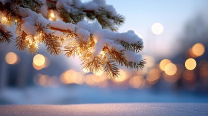 Snowy Pine Branch with Soft Bokeh Lights in Winter Wonderland Scene