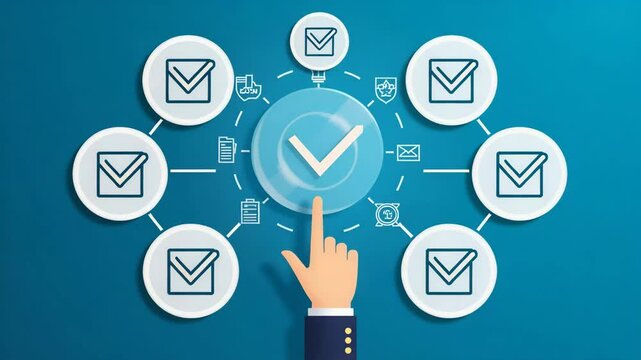 Flat Hand Holding Holographic Checkmark with Quality Assurance Certification Symbols on Blue Background - Concept of Standard Compliance and Guarantee in Simple Vector Illustration