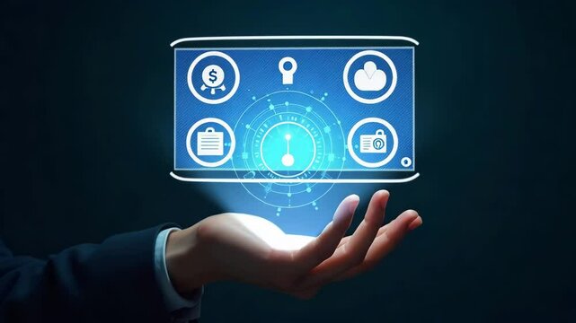 Flat Hand holding holographic customization icon illustrating low code automation flexibility in empty space background concept as Hand holding holographic customization icon representing low code aut
