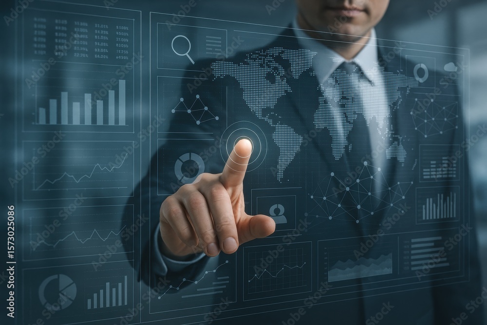 Poster mastering technology: a focused professional, poised with authority, interacts with a digital interf