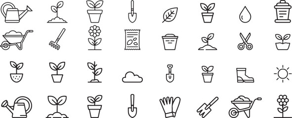 Gardening tools and plants icons watering can shovel