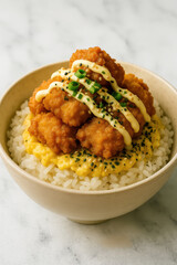 Japanese rice bowl with crispy fried chicken scrambled eggs mayonnaise and chopped chives served in ceramic dish on marble surface