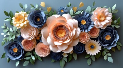 Paper flower arrangement, craft, studio shot, dark background, home decor