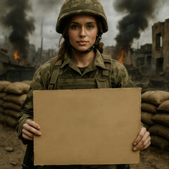 Female soldier in camouflage uniform holding blank sign in war zone with smoke fire and sandbags in background