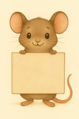 Adorable cartoon mouse holding blank sign on cream background for cute message or kids graphic design template
