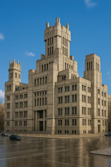 Large brutalist style government or institutional building with towers and windows under blue sky on empty city plaza