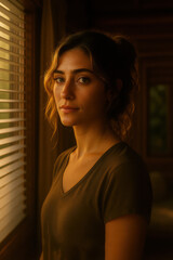 Pensive woman standing by window in moody natural light with soft shadows wearing casual v neck t shirt indoors