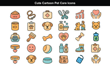 Cute Cartoon Pet Care Icons in Pastel Vector Style