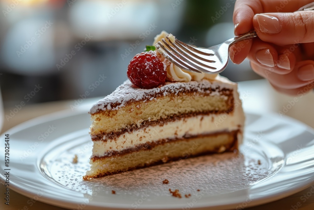 Poster enjoying a slice of delicious cake with raspberry frosting at a cozy cafe, person using fork eating 
